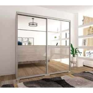Mirror gardrób 8 féle méretben, 7 féle színben és 6 féle ajtó betéttel. Modern, tolóajtós gardrób, praktikus darab. Ez a gardrób katthult színű korpusszal és magasfényű katthult ajtóbetéttel rendelkezik.
