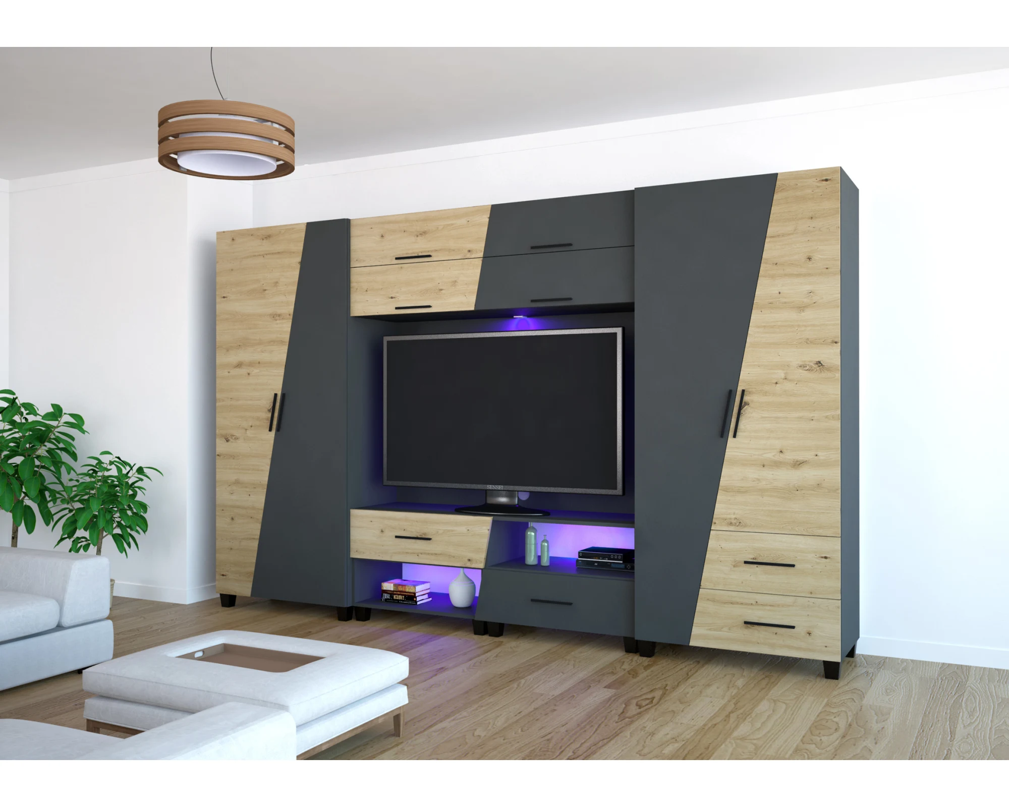 onix szekrénysor artisan tölgy - matt sötétszürke színben , led világítással amely opcionálisan kérhető a bútordarabhoz. A darab 340 cm-es méretben kapható!
