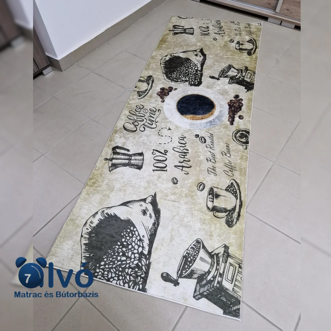 Mosható konyhai szőnyeg arabica kávés 70x200 cm-es méretben. Zöldes barnás színekben pompázó darab, puha tapintás.