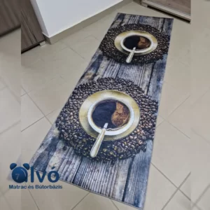 mosható konyhai szőnyeg kávéscsésze mintás 70x200 cm-es méretben. Csúszásgátlós aljjal ellátott, finom tapintású darab.