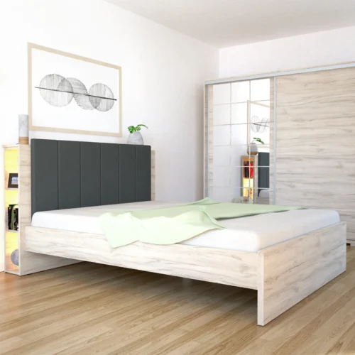 Hugó ágykeret justus tölgy színben, fejvégbe épített szürke szövet háttámlával, 160x200 cm-es fekvőfelülettel. Beépített éjjeliszekrény és LED világítás is tartozik hozzá.