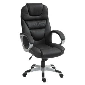 Főnöki irodai szék, fekete színben. Ergonomikus, gerinchez illeszkedő kialakítása miatt valódi kényelmet biztosít! A szék hintafunkcióval rendelkezik! A forgószék 120 kg-ig terhelhető!