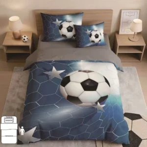 Kék színű, 3D focilabda mintás pamut ágyneműhuzat.