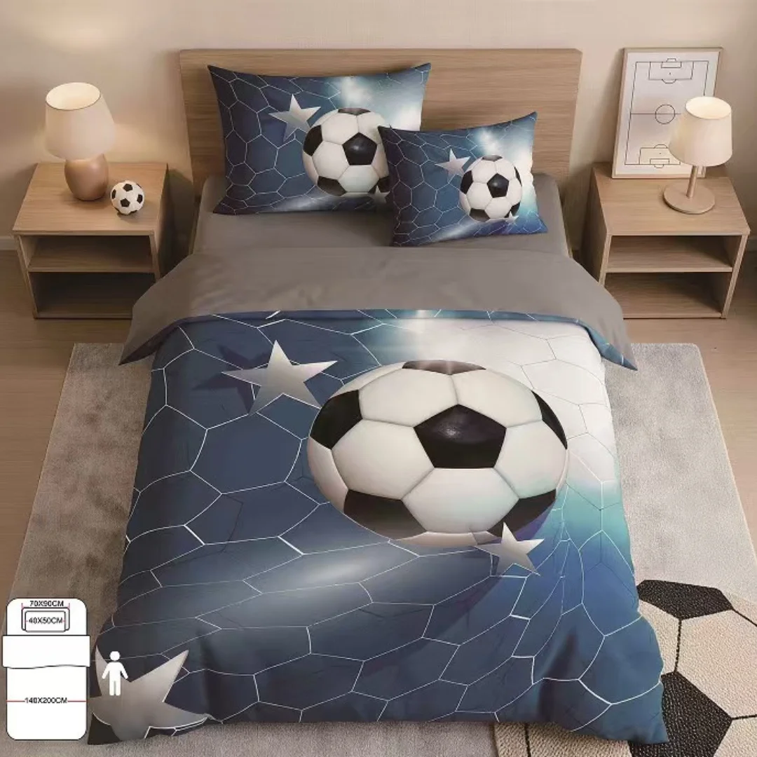 Kék színű, 3D focilabda mintás pamut ágyneműhuzat.